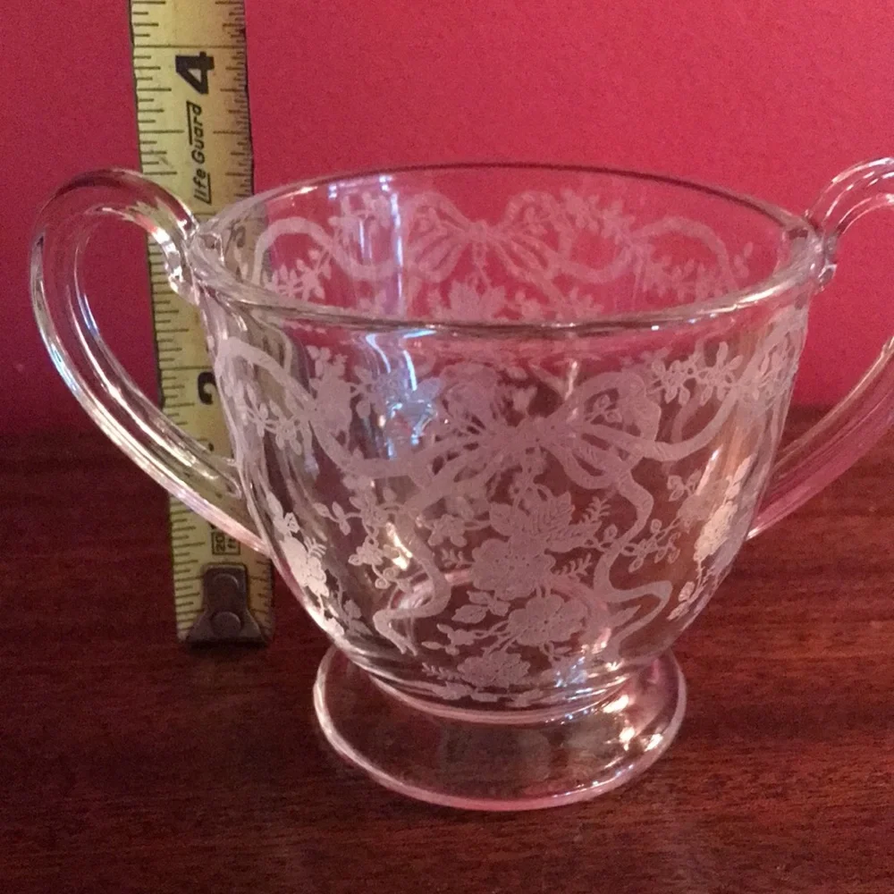 Antique Vintage Etched Roses & Ribbons Bows Sugar Bowl & Creamer Glass Set